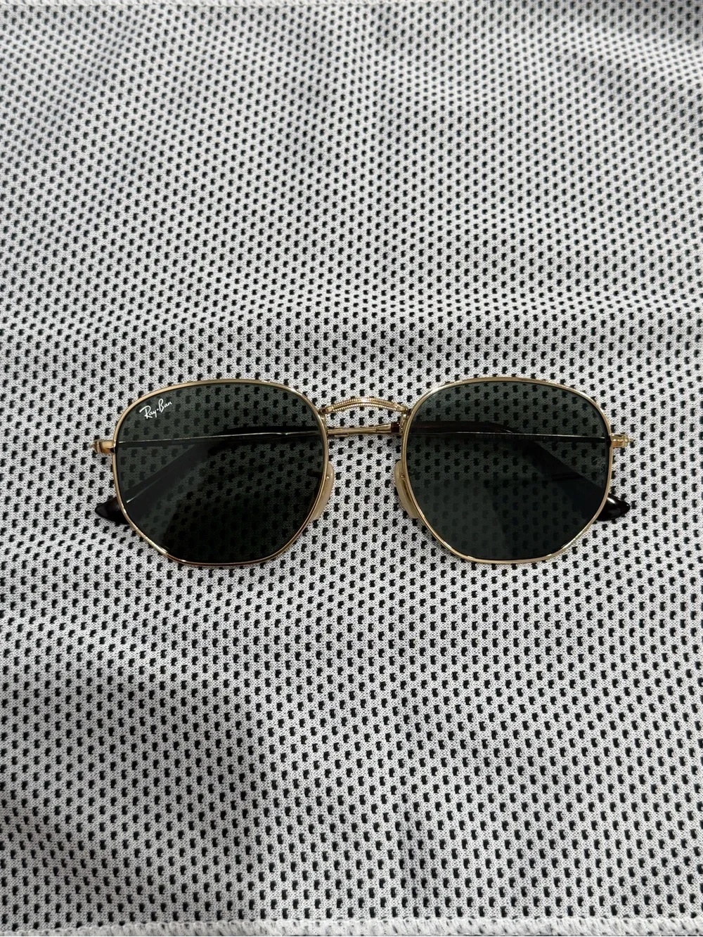 Ray-Ban Gold Frame Sunglasses with Green Lenses and Black Temple Tips